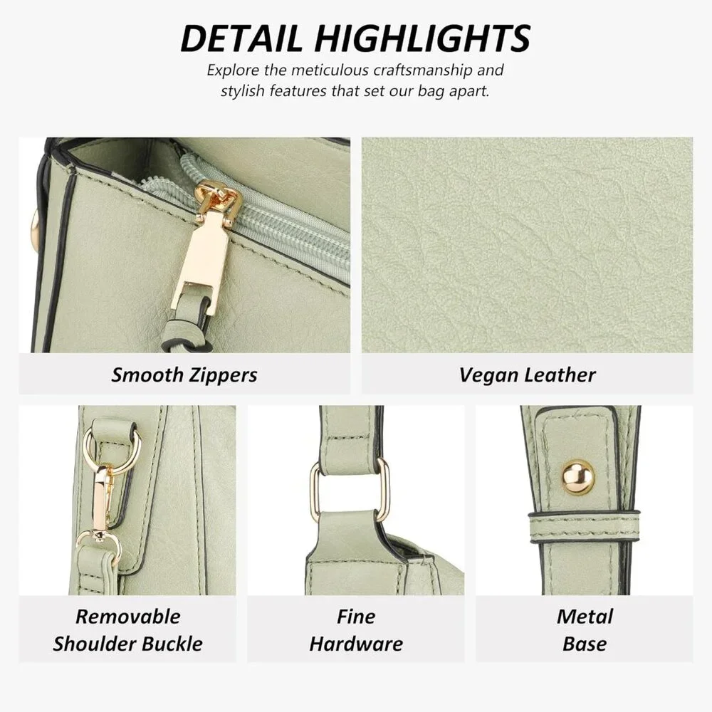 Women’s Light Green 3PCS PU Leather Purses Set  Crossbody Wallet & Hobo Tote Bag - Picture 4 of 8